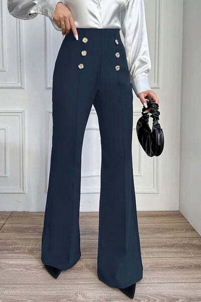 StreetWear Outlet Women's Flared Pants, High Waist, Decorated with Double Buttons