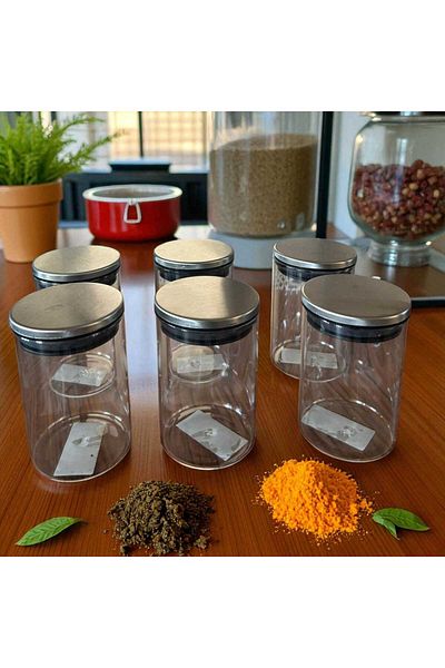 Noah Exclusive 300 ml (70 mm X 100 mm) Set of 6 Borosilicate Glass Spice Jars with Non-Leaking Silicone Metal Lid