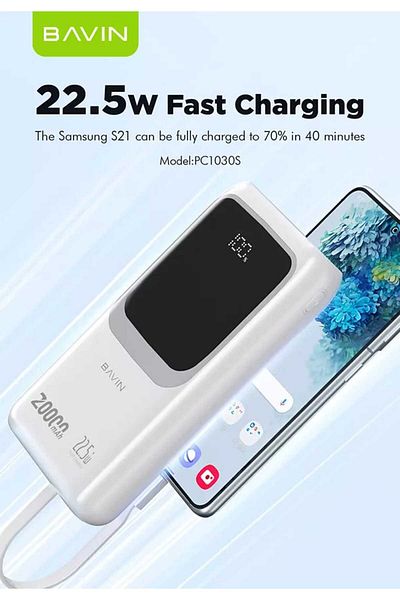 Generic 20000mAh 22.5W Power Bank with PD Port, USB Ports, 2 Built-in Cables, and Display