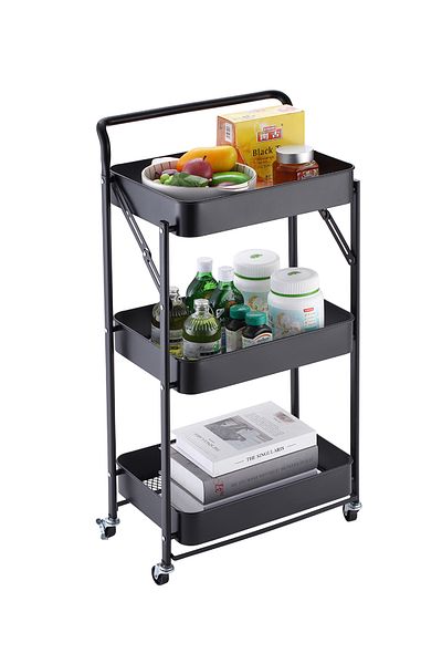 Lawazim Folding Trolley Armrest Style - 3 Layer Carbon Steel Rolling Storage Cart with Handle