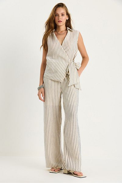 Bianco Lucci Women's Striped Double Breasted Collar Tie Detailed Blouse Elastic Waist Lined Muslin Suit 1039 60283478