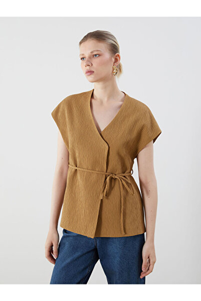 LC Waikiki Khaki Double-Breasted Collar Textured Women's Classic Vest