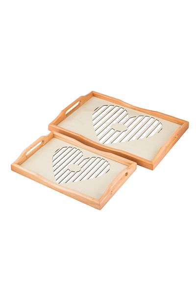 Dania A set of wooden trays and bowls with metal handles and a beautifully engraved glass-covered base.