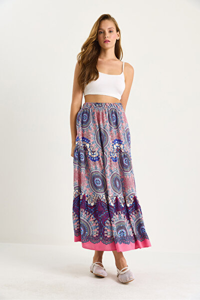 Bianco Lucci Women's Patterned Elastic Waist Long Vsicon Skirt 8045 60283479