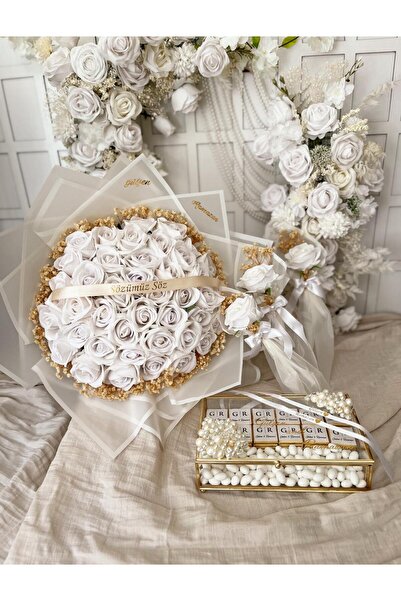 MELİ TİCARET 105 Parçalı Nişan Seti İsteme Çiçeği İsteme Çikolatası Beyaz Söz...