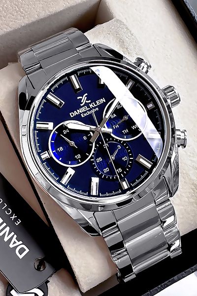 Daniel Klein Exclusive Men's Wrist Watch 3 Atm Waterproof Silver Blue Color Steel Cord Gift Bracelet Dke2134C1