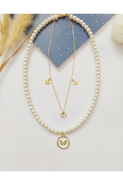 REN AKSESUAR Pearl Butterfly Lacquer Coated Necklace Set 2 Pcs
