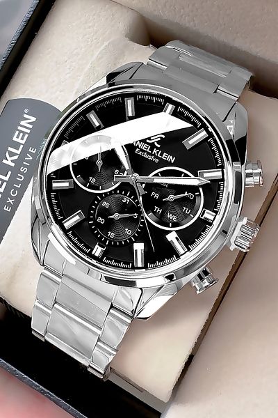 Daniel Klein Exclusive Men's Wrist Watch 3 Atm Waterproof Silver Black Color Steel Cord Gift Bracelet Dke2134C3