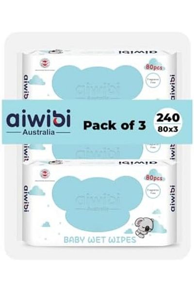 Aiwibi 100% Skin-Friendly Baby Wet Wipes 80 Sheets - Pack of 3 (240 Pcs)