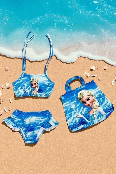 MİLAYS LİFE HOME COLLECTİON Fusta imprimată cu caracter pentru fetiță, cu volane, cu șnur, geantă, costum de baie, bikini, set de 3 piese
