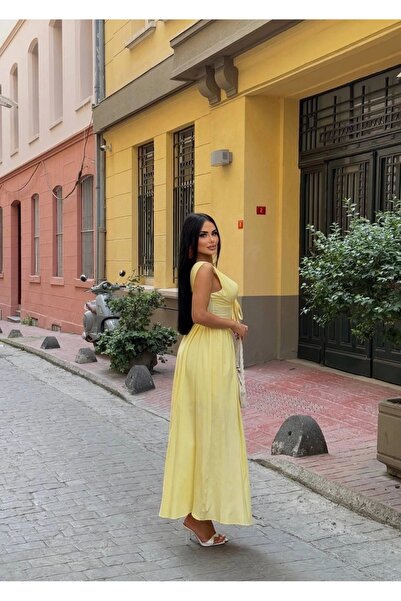 Bak Moda Balenli Prenses Sarı Elbise