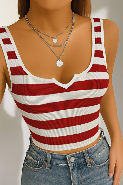 ÖZ PAMUK Women's Ribbed Cotton Knitted Camisole Small Triangle Collar Crop St...