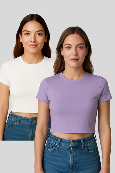 Seamoda Double Pack Crew Neck Short Sleeve Crop Rib Tshirt Lila-Broken White