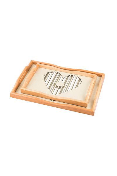 Dania A set of wooden trays and bowls with metal handles and a beautifully engraved glass-covered base.