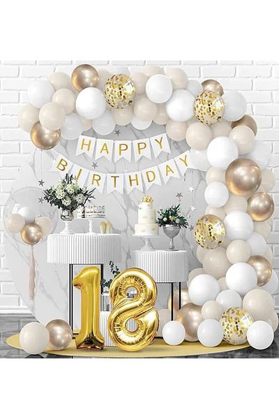Baloane Vesele Adult Balloon Arch With Numbers and Banner White Gold 96 Pieces ARC162