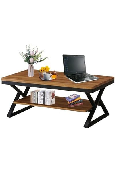 AGD Rectangular Wooden Coffee Table with Two Layers and Open Storage Shelf