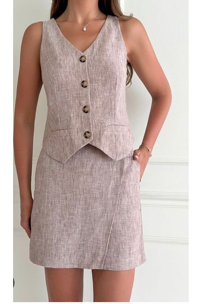 MODA Stone Color Linen Stylish Vest Shorts Skirt Suit