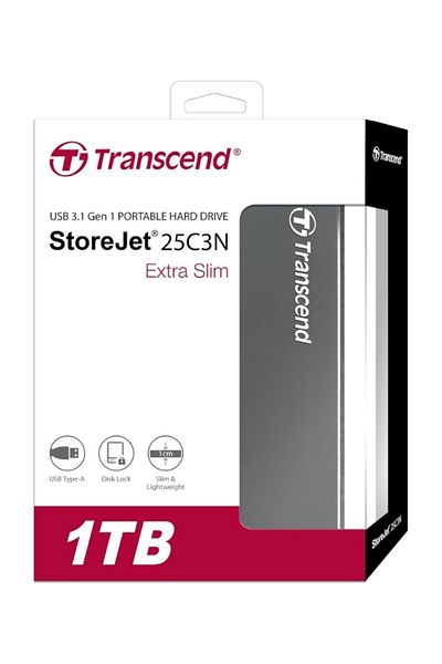 Transcend Extra Slim StoreJet 25C3N 1TB External Portable Hard Drive | TS1TSJ25C3N | Aluminium
