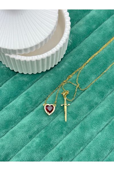 ilvesa shop Heart and Sword Zircon Stone Steel Lover Necklace