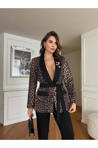 369 etnik butik Leopard Patterned Belted Double Breasted Jacket – Black / Brown