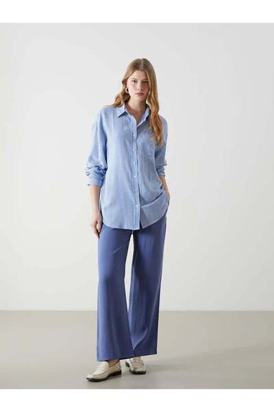 LC Waikiki XSIDE Mavi Çizgili Keten Karışımlı Oversize Kadın Gömlek