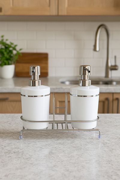 Makri Set of 2 Acrylic Liquid Soap Dispenser / Dishwashing Liquid Dispenser with Metal Stand and Sponge Holder - White