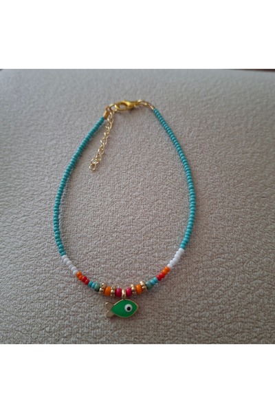 azra takı tasarım Blue Turquoise Women's Anklet with Handmade Fish Figure