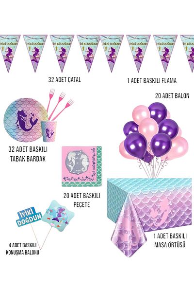 Evabrite Mermaid Birthday Party Set |   Between 1-5 Years |   Fish Tail Themed Girl's Table Ornaments 32 Li