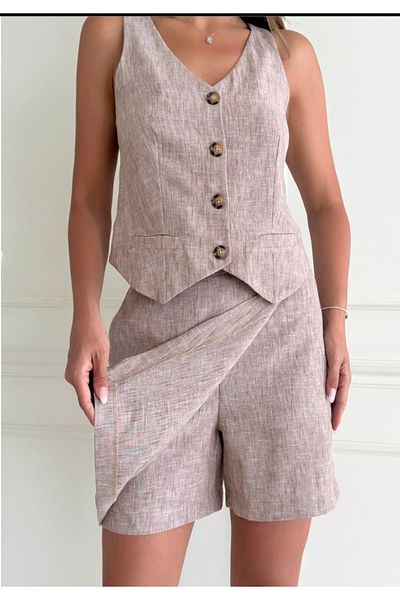MODA Stone Color Linen Stylish Vest Shorts Skirt Suit