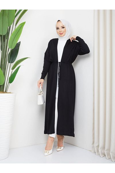 Pamuk Butik Women's Mercerized Waist-Tied Knitwear Cardigan Black