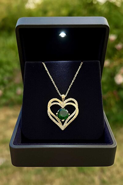 KAR DİAMOND Orijinal Gümüş Altın Kaplama Zümrüt Yeşili Tek Taş Kalp Kolye - S...