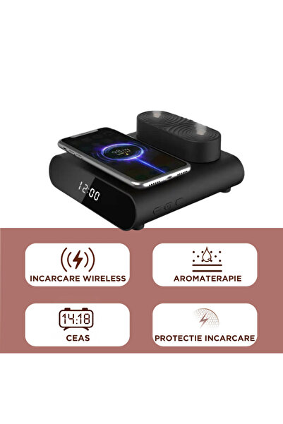 Konzmann Difuzor aromaterapie cu incarcator wireless de 15 W si ceas de noptiera cu afisaj digital
