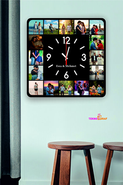 Teknograf 16 Fotoğraflı ve İsimli MDF Duvar Saati - Sessiz Akar Mekanizma - 40x40 cm