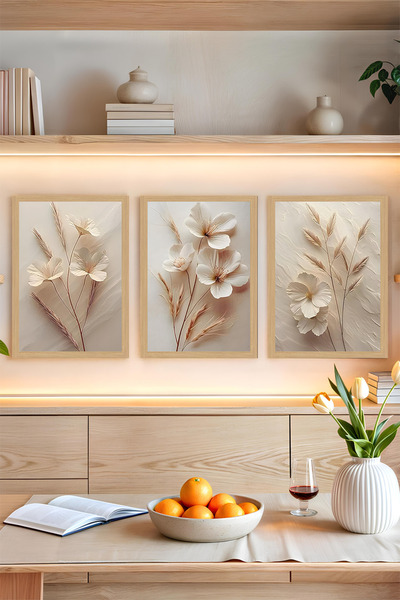 kutuTR 🌾 Sade Çiçekler Temalı 3’lü Tablo Seti (Çerçevesiz) UV Baskılı MDF CRVS1039