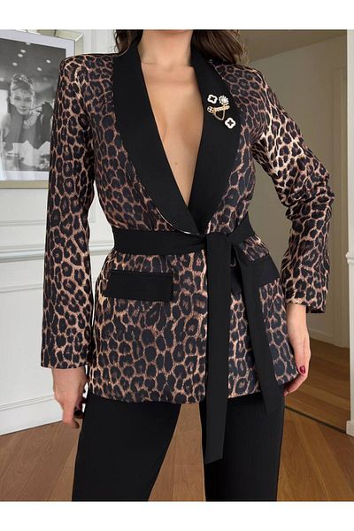 369 etnik butik Leopard Patterned Belted Double Breasted Jacket – Black / Brown