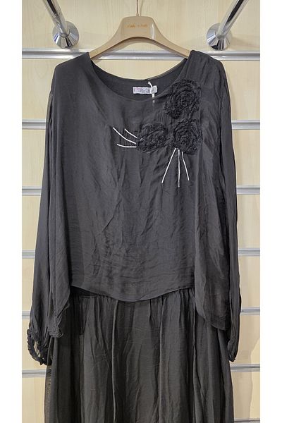 Park Moda Italian Silk Dress with Applique Rose Detail