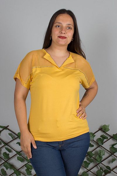 Truva XXL Plus Size V-Neck Stone Embroidered Mustard T-Shirt
