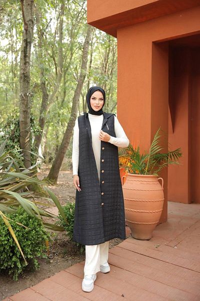 MODA AKGÜN Quilted Hooded Button Long Hijab Vest