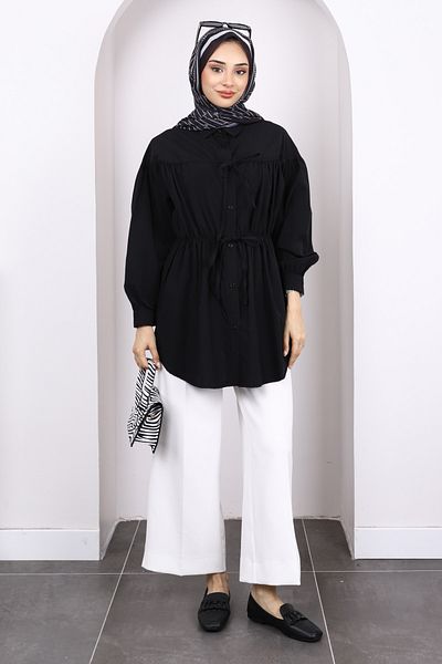 İmajButik Black Waist Elastic Buttoned Tunic