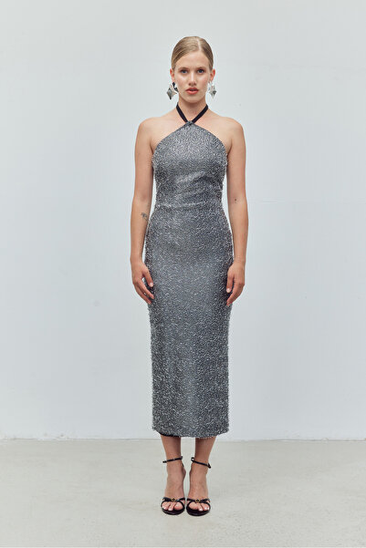 Bohai Design Pullu Payetli Midi Boy Yırtmaçlı Elbise