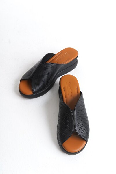 Tamdabu Ayakkabı Black Genuine Leather Padded Heel Orthopedic Sole Comfortable and Stylish Women's Slippers Tmd2025652
