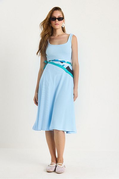 Bianco Lucci Women's U-Neck Strap Ribbed Flared Dress 477 60283393