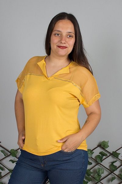 Truva XXL Plus Size V-Neck Stone Embroidered Mustard T-Shirt