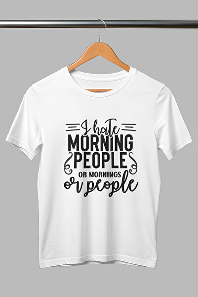 giftkonsept أنا أكره صباح الناس أو الصباح أو الناس تي شيرت أبيض مطبوع بقصة عا...