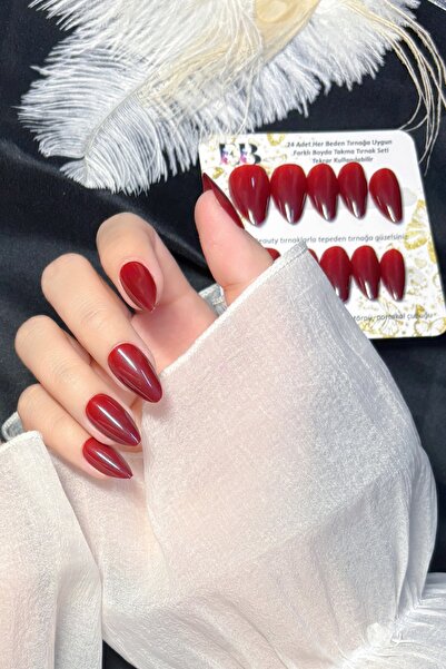 Easy Beauty Kısa Badem 24 Adet Bordo Takma Tırnak Seti W1482