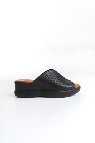 Tamdabu Ayakkabı Papuci de femei din piele naturală neagră, cu toc cu pană, talpă ortopedică, confortabil și elegant TMD2025652