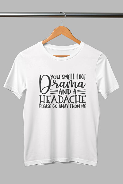 giftkonsept تي شيرت أبيض اللون للجنسين مطبوع عليه You Smell Like Drama Go Awa...