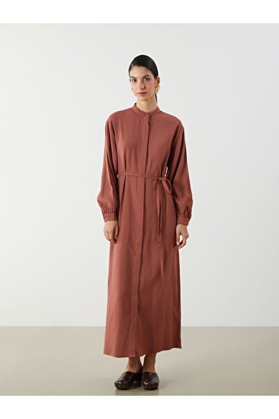 LC Waikiki فستان LCW محتشم بياقة هاكيم وحزام من الكتان المخلوط