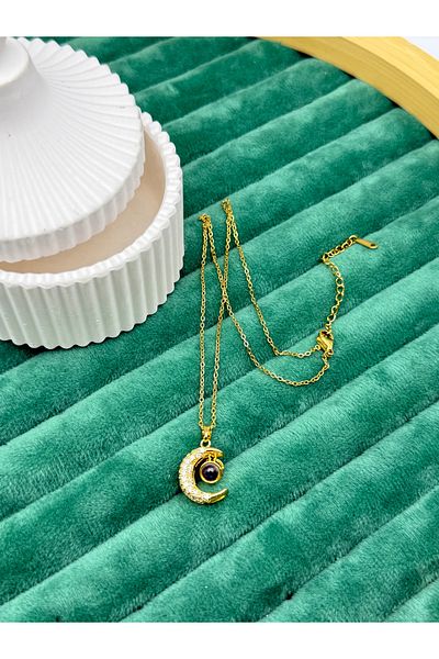 ilvesa shop I Love You in Hundred Languages Hologram Crescent Star Steel Necklace