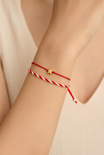 Lorvia Altın Yıldız Figürlü Kırmızı İpli Şans Bilekliği & Kırmızı Beyaz Burgu...